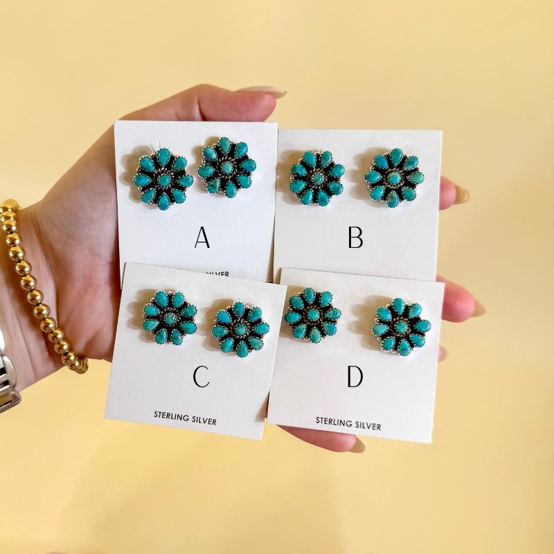 Hada Collection | Handmade Sterling Silver Kingman Turquoise Flower Cluster Stud Earrings