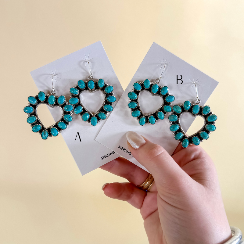 Hada Collection | Handmade Sterling Silver Open Heart Shaped Kingman Turquoise Drop Earrings