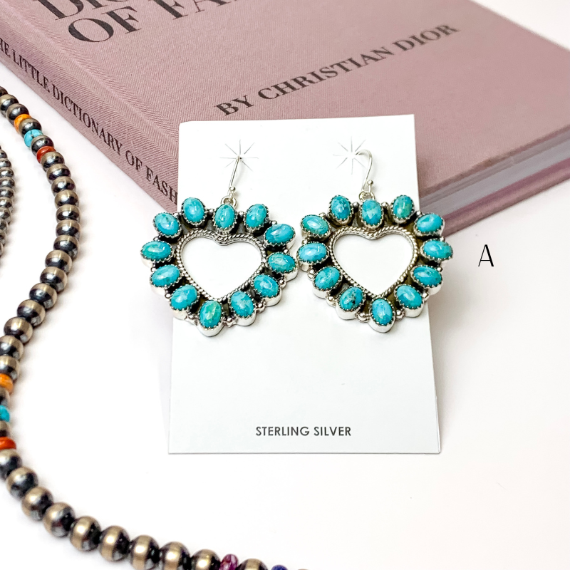 Hada Collection | Handmade Sterling Silver Open Heart Shaped Kingman Turquoise Drop Earrings - Giddy Up Glamour Boutique