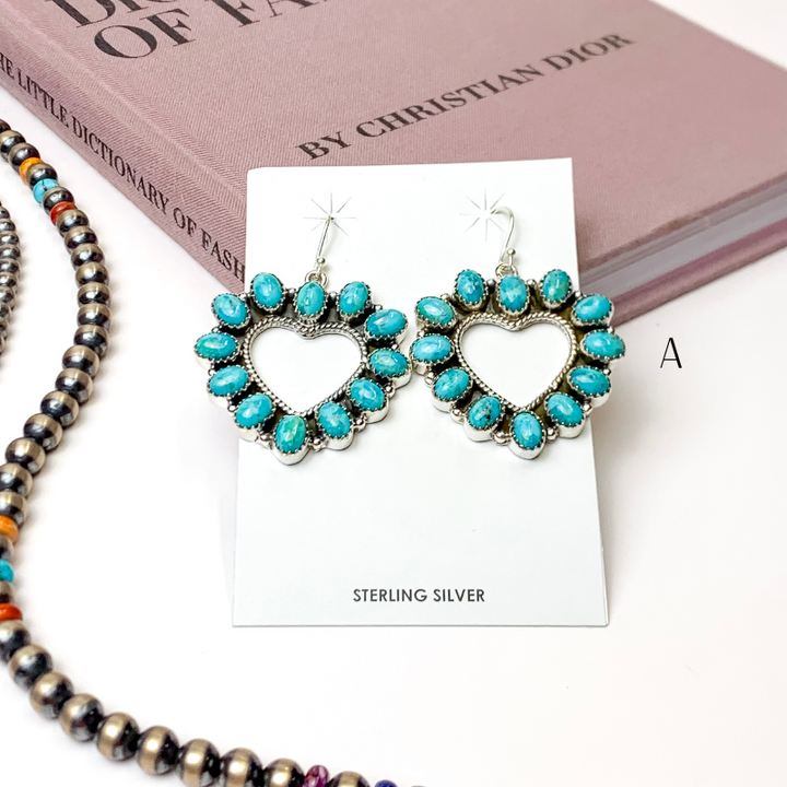 Hada Collection | Handmade Sterling Silver Open Heart Shaped Kingman Turquoise Drop Earrings - Giddy Up Glamour Boutique
