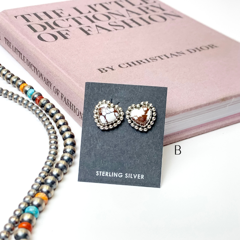 Hada Collection | Handmade Sterling Silver Heart Shaped Stud Earrings with Wild Horse Remix Stones - Giddy Up Glamour Boutique