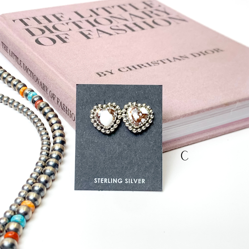 Hada Collection | Handmade Sterling Silver Heart Shaped Stud Earrings with Wild Horse Remix Stones - Giddy Up Glamour Boutique