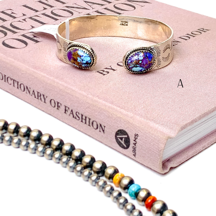Hada Collection | Handmade Etched Sterling Silver Cuff Bracelet with Purple Mojave Remix Stones - Giddy Up Glamour Boutique