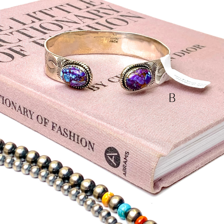 Hada Collection | Handmade Etched Sterling Silver Cuff Bracelet with Purple Mojave Remix Stones - Giddy Up Glamour Boutique