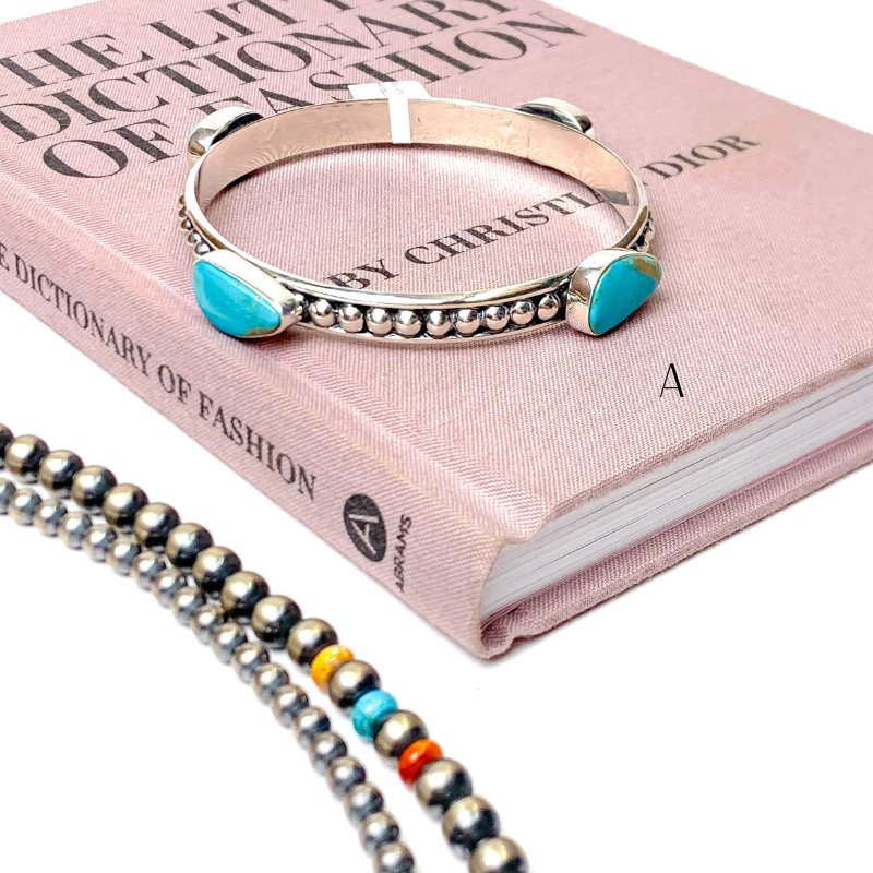 Navajo | Navajo Handmade Sterling Silver Studded Bangle Bracelet with Turquoise Stones - Giddy Up Glamour Boutique