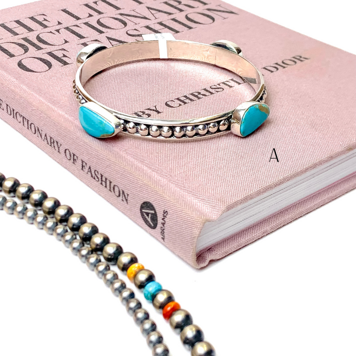 Navajo | Navajo Handmade Sterling Silver Studded Bangle Bracelet with Turquoise Stones - Giddy Up Glamour Boutique