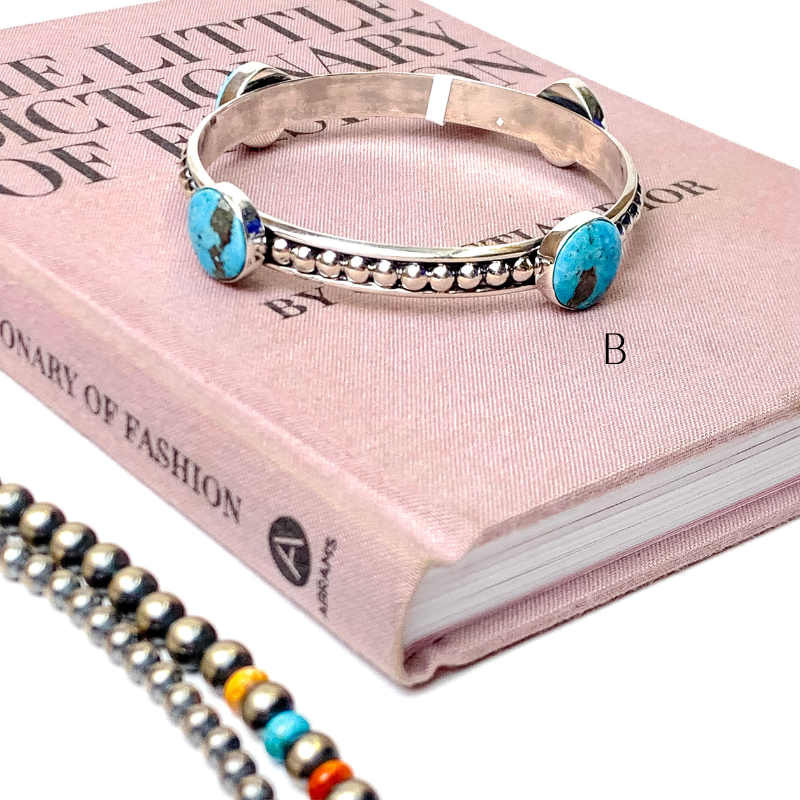 Navajo | Navajo Handmade Sterling Silver Studded Bangle Bracelet with Turquoise Stones - Giddy Up Glamour Boutique