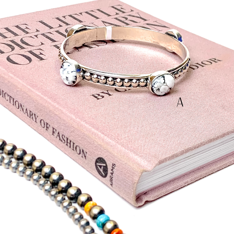 Navajo | Navajo Handmade Sterling Silver Studded Bangle Bracelet with White Buffalo Remix Stones - Giddy Up Glamour Boutique