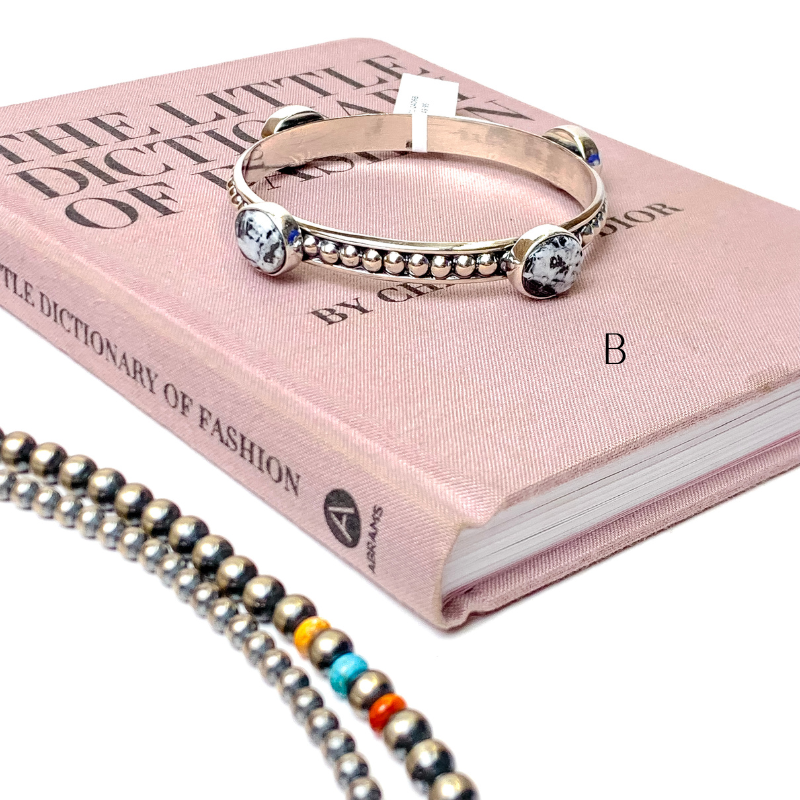 Navajo | Navajo Handmade Sterling Silver Studded Bangle Bracelet with White Buffalo Remix Stones - Giddy Up Glamour Boutique