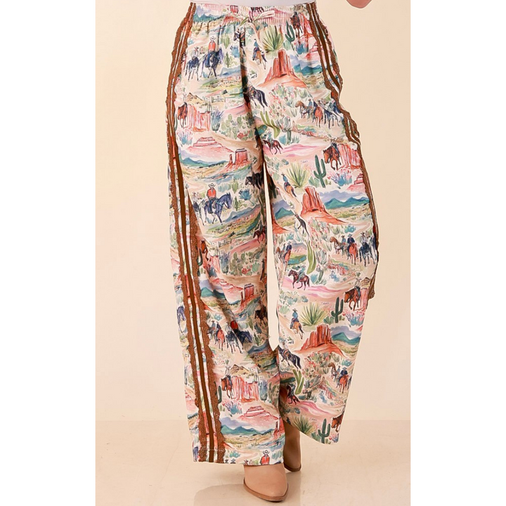 Adventure Awaits Western Scenic Print Wide Leg Drawstring Pants with Elastic Waistband in Brown, Blue and Clay