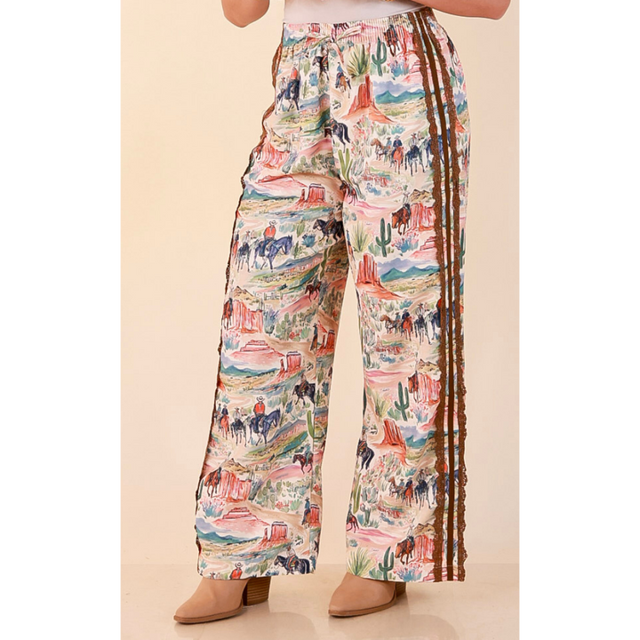 Adventure Awaits Western Scenic Print Wide Leg Drawstring Pants with Elastic Waistband in Brown, Blue and Clay
