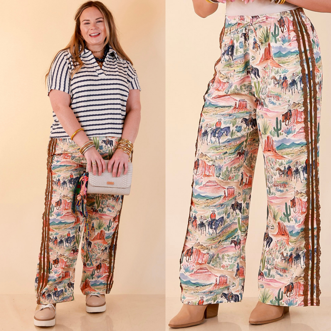 Adventure Awaits Western Scenic Print Wide Leg Drawstring Pants with Elastic Waistband in Brown, Blue and Clay