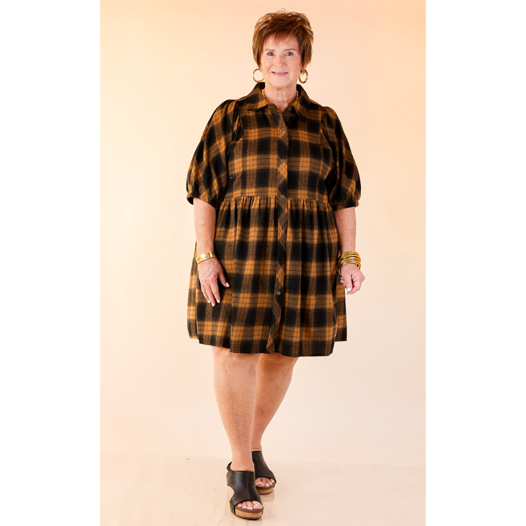 Adventures Ahead Plaid Button Up Babydoll Dress in Camel Brown