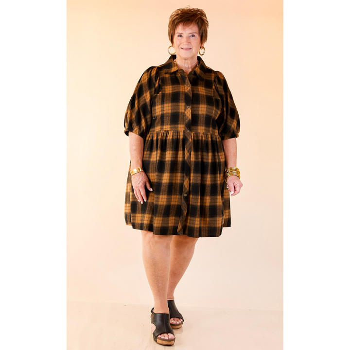 Adventures Ahead Plaid Button Up Babydoll Dress in Camel Brown
