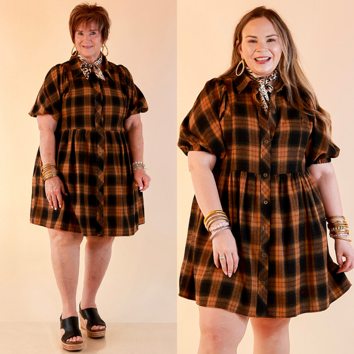 Adventures Ahead Plaid Button Up Babydoll Dress in Camel Brown