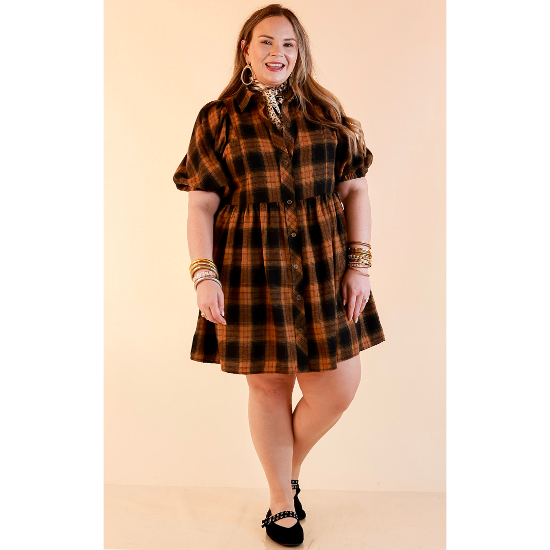 Adventures Ahead Plaid Button Up Babydoll Dress in Camel Brown