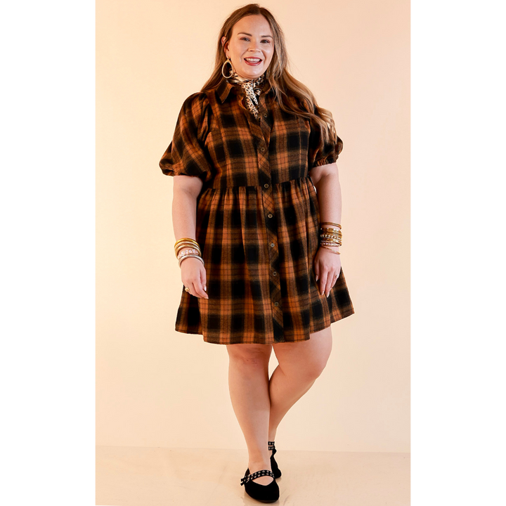 Adventures Ahead Plaid Button Up Babydoll Dress in Camel Brown