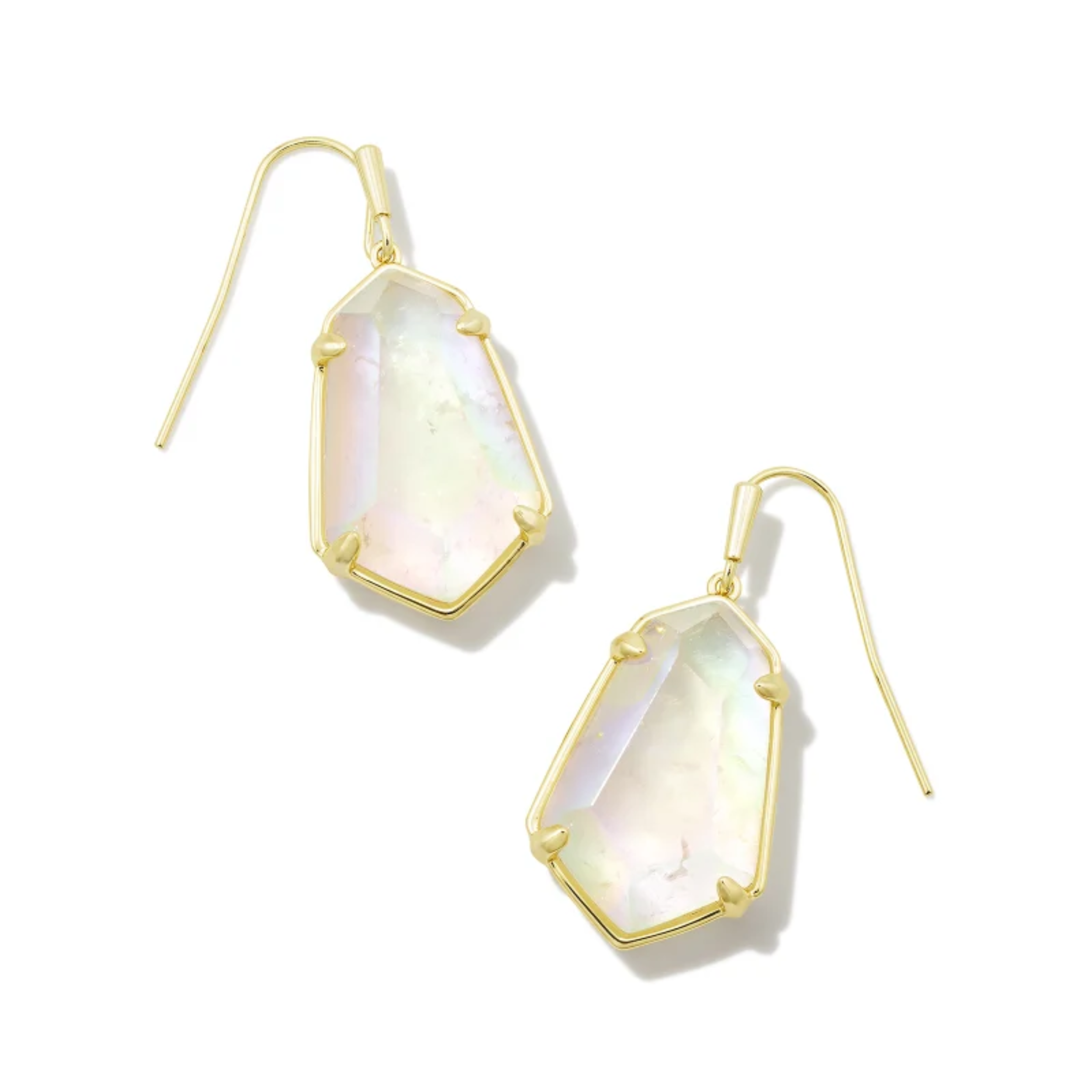 These Alexandria Gold Drop earrings in Iridescent Clear rock Crystal by Kendra Scott are pictured on a white background.