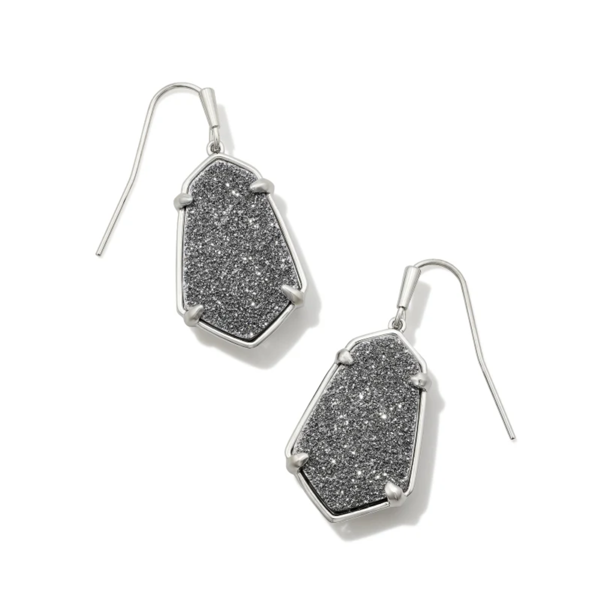 These Alexandria Drop Earrings In Silver Platinum Drusy by Kendra Scott are pictured on a white background.