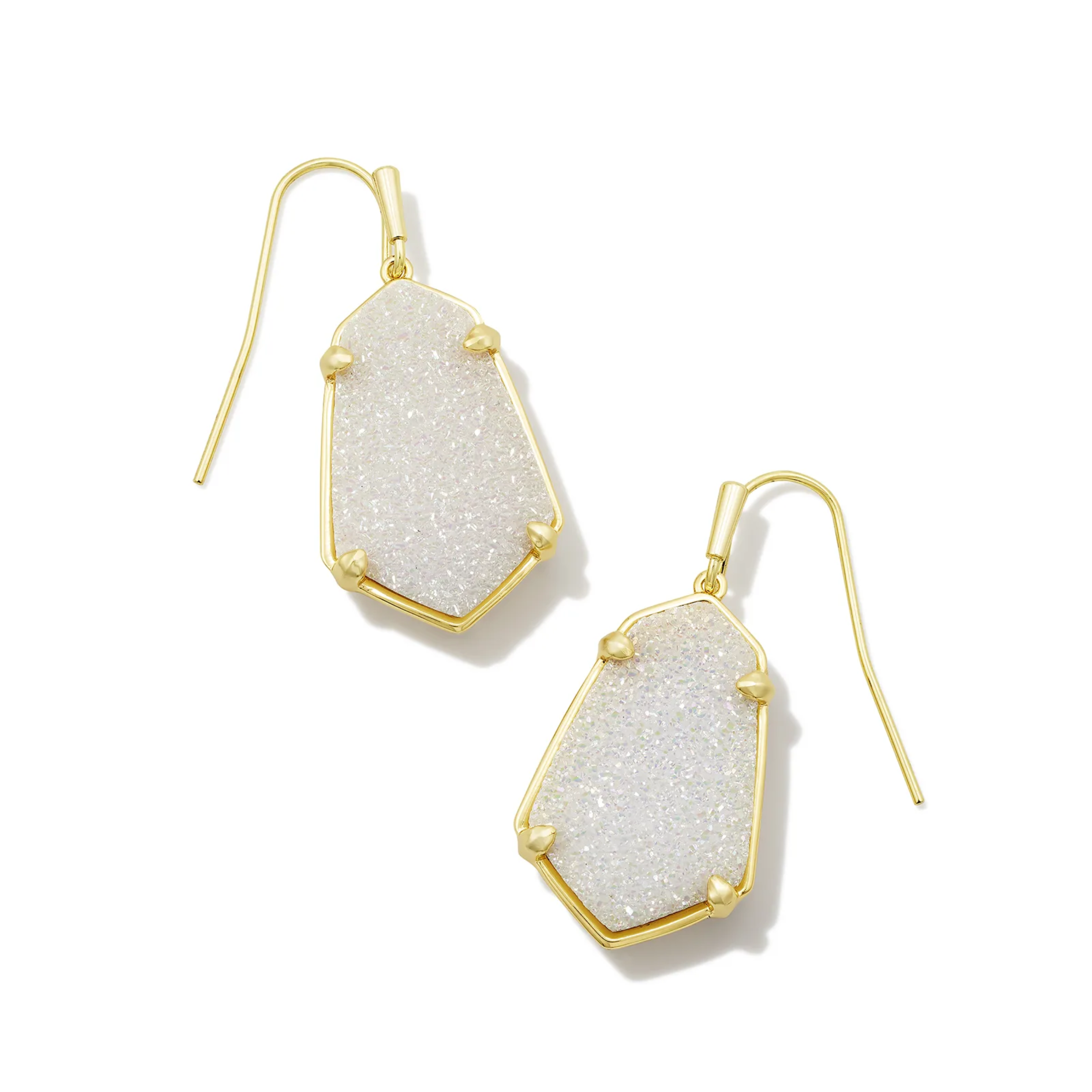 These Alexandria Gold Drop Earrings in Iridescent Drusy are pictured on a white background.
