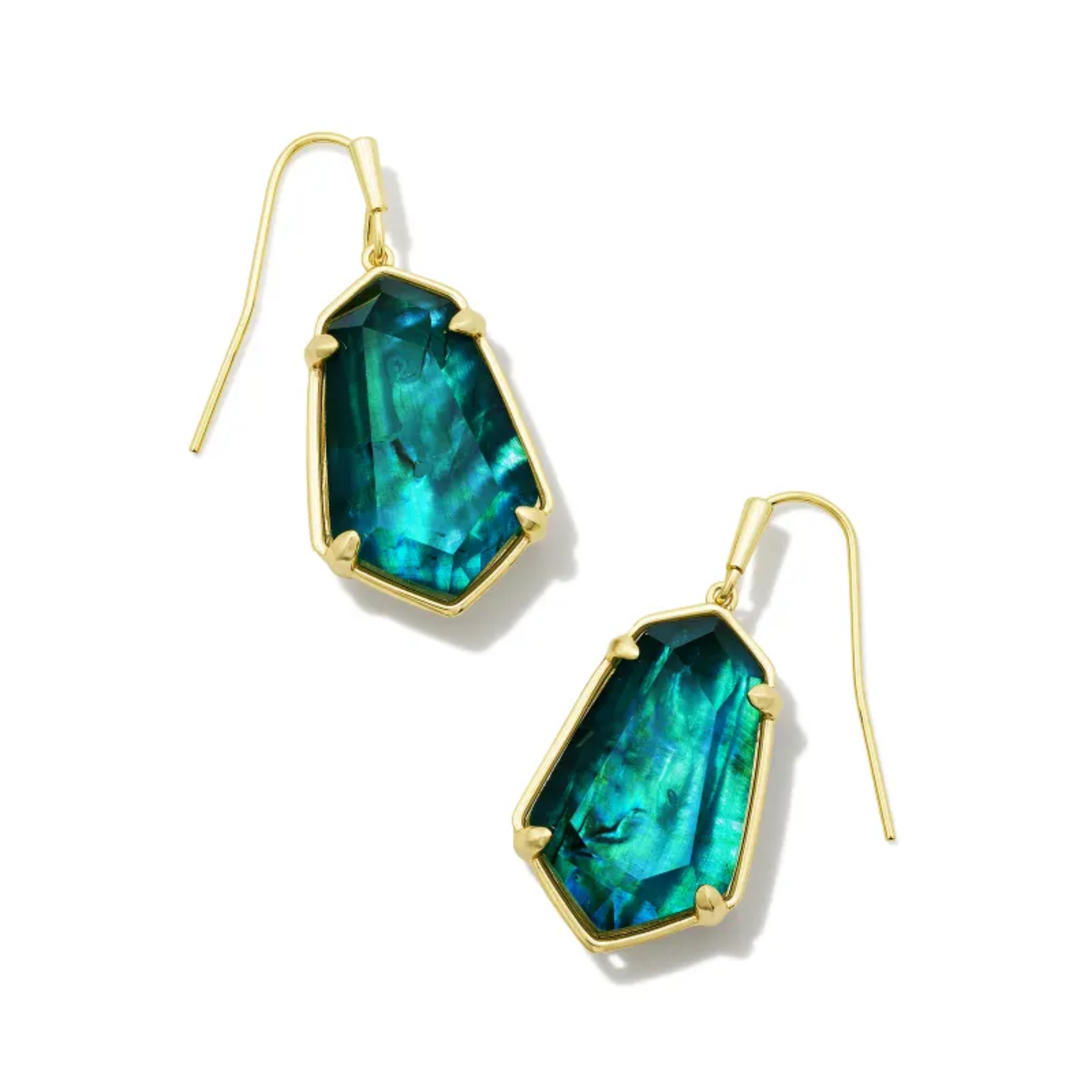 These Alexandria Gold Drop Earrings in Teal Green Illusion by Kendra Scott are pictured on a white background.
