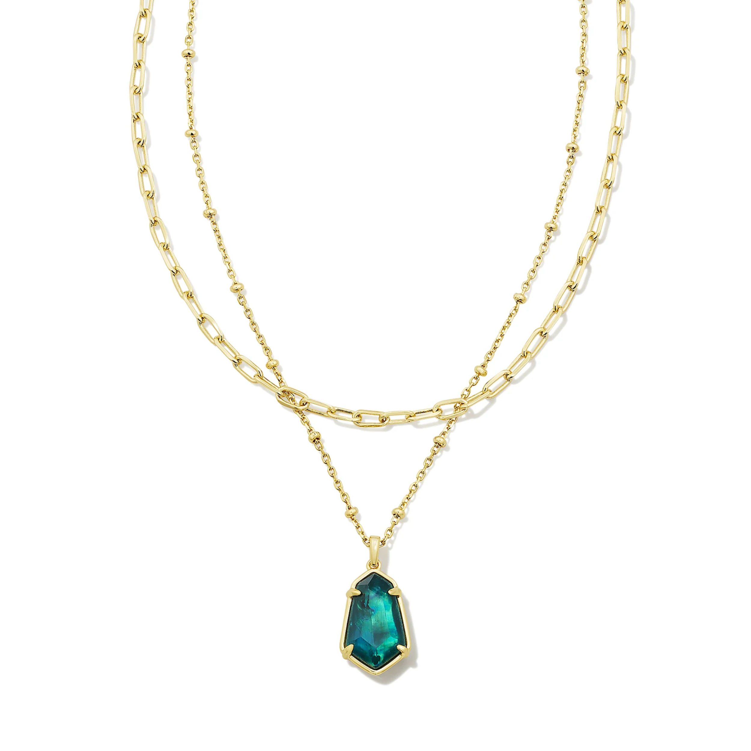 This Alexandria Gold Multi Strand Necklace in Teal Green Illusion by Kendra Scott is pictured on a white background.