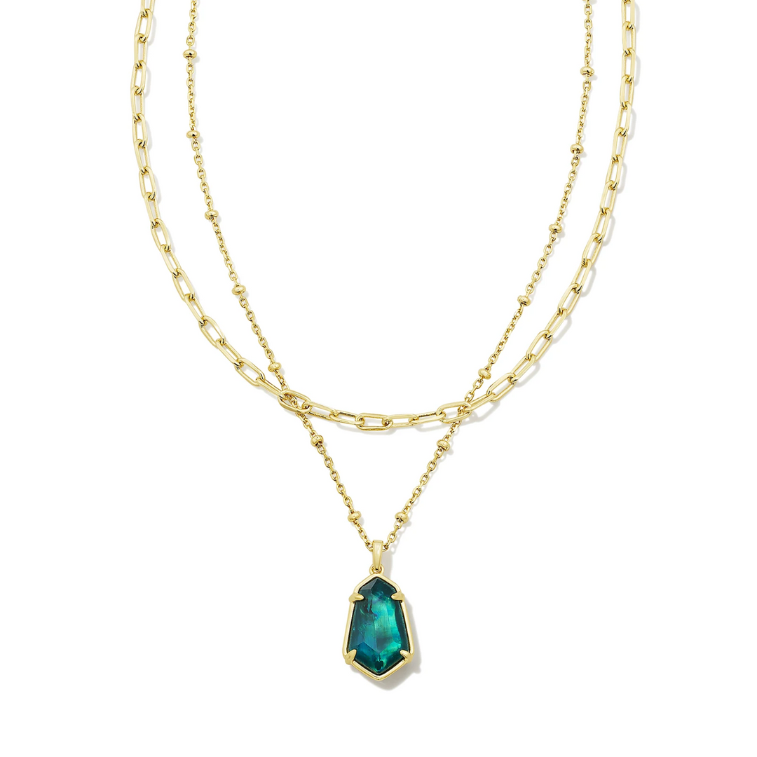 This Alexandria Gold Multi Strand Necklace in Teal Green Illusion by Kendra Scott is pictured on a white background.