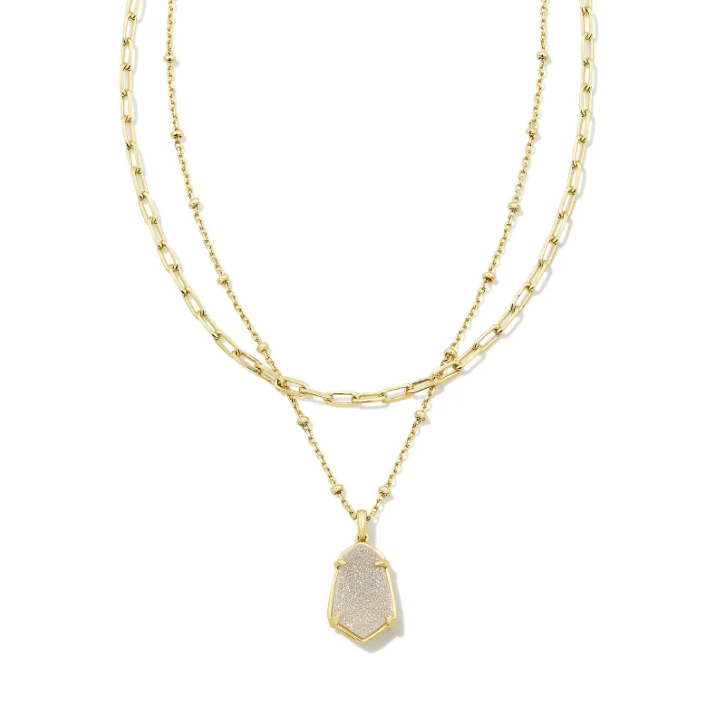 This Alexandria Gold Multi Strand Necklace in Iridescent Drusy by Kendra Scott is pictured on a white background.