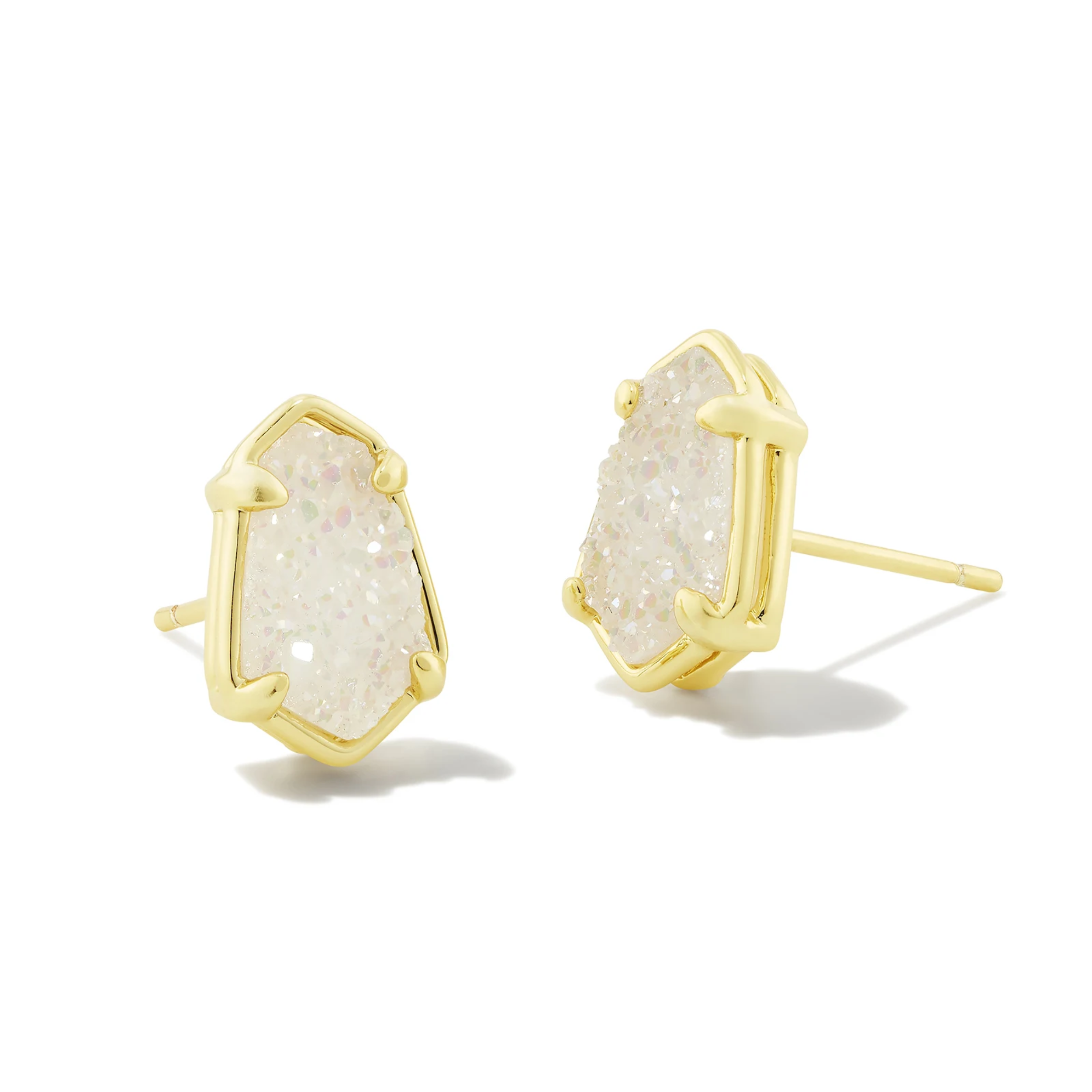 These Alexandria Gold Stud Earrings in Iridescent Drusy by Kendra Scott are pictured on a white background.