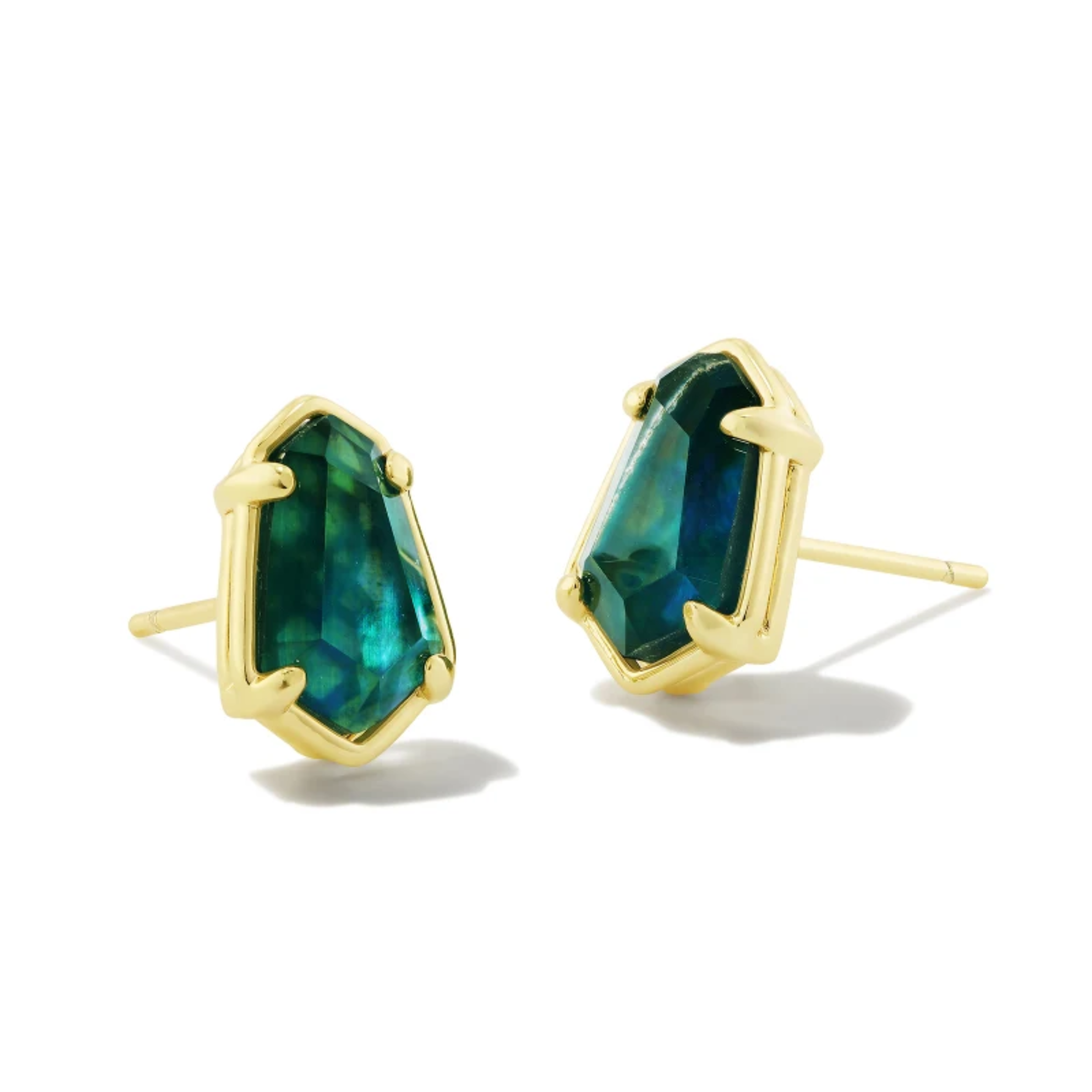 These Alexandria Gold Stud Earrings in Teal Green illusion by Kendra Scott are pictured on a white background.
