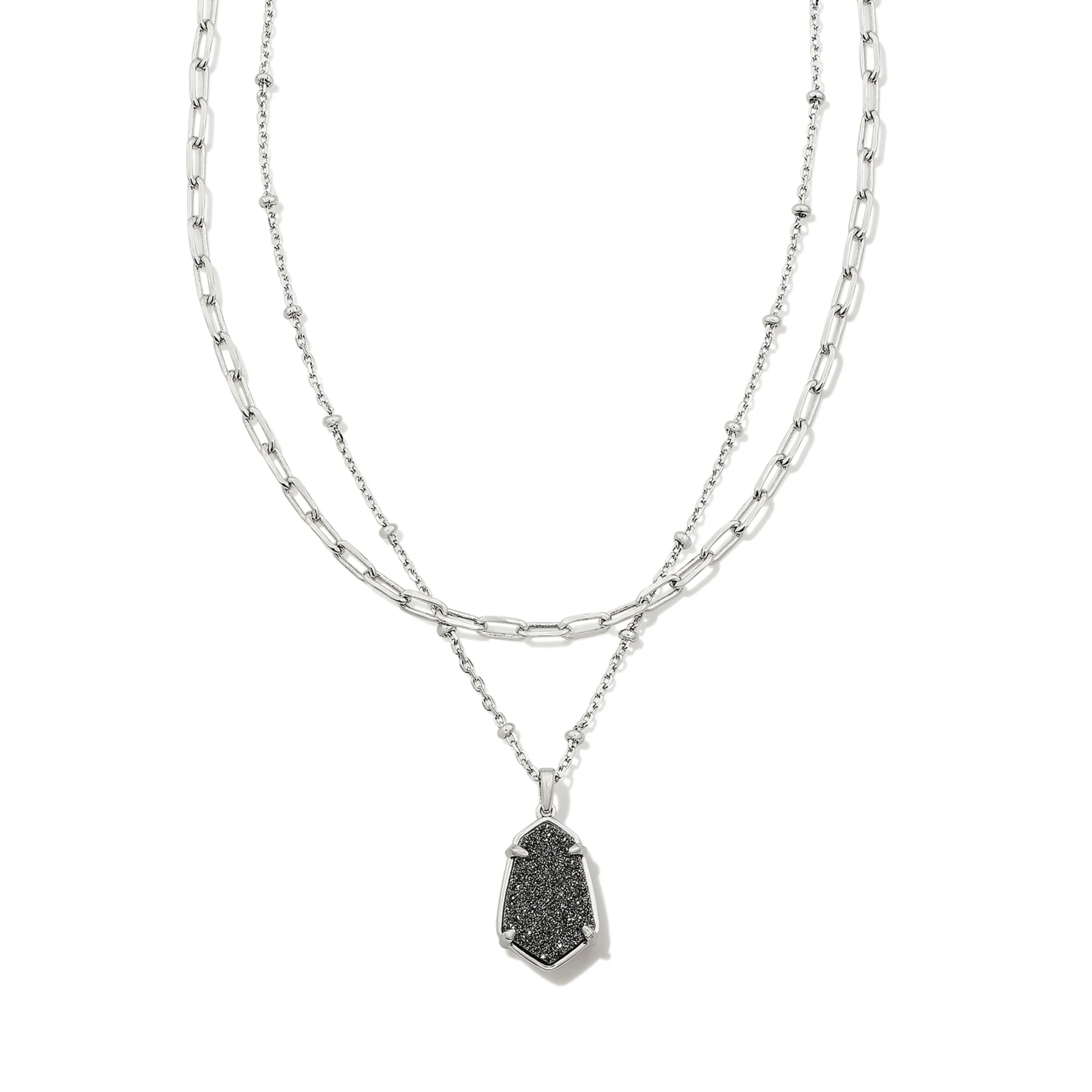 This Alexandria Silver Multi Strand Necklace in Platinum Drusy by Kendra Scott is pictured on a white background.