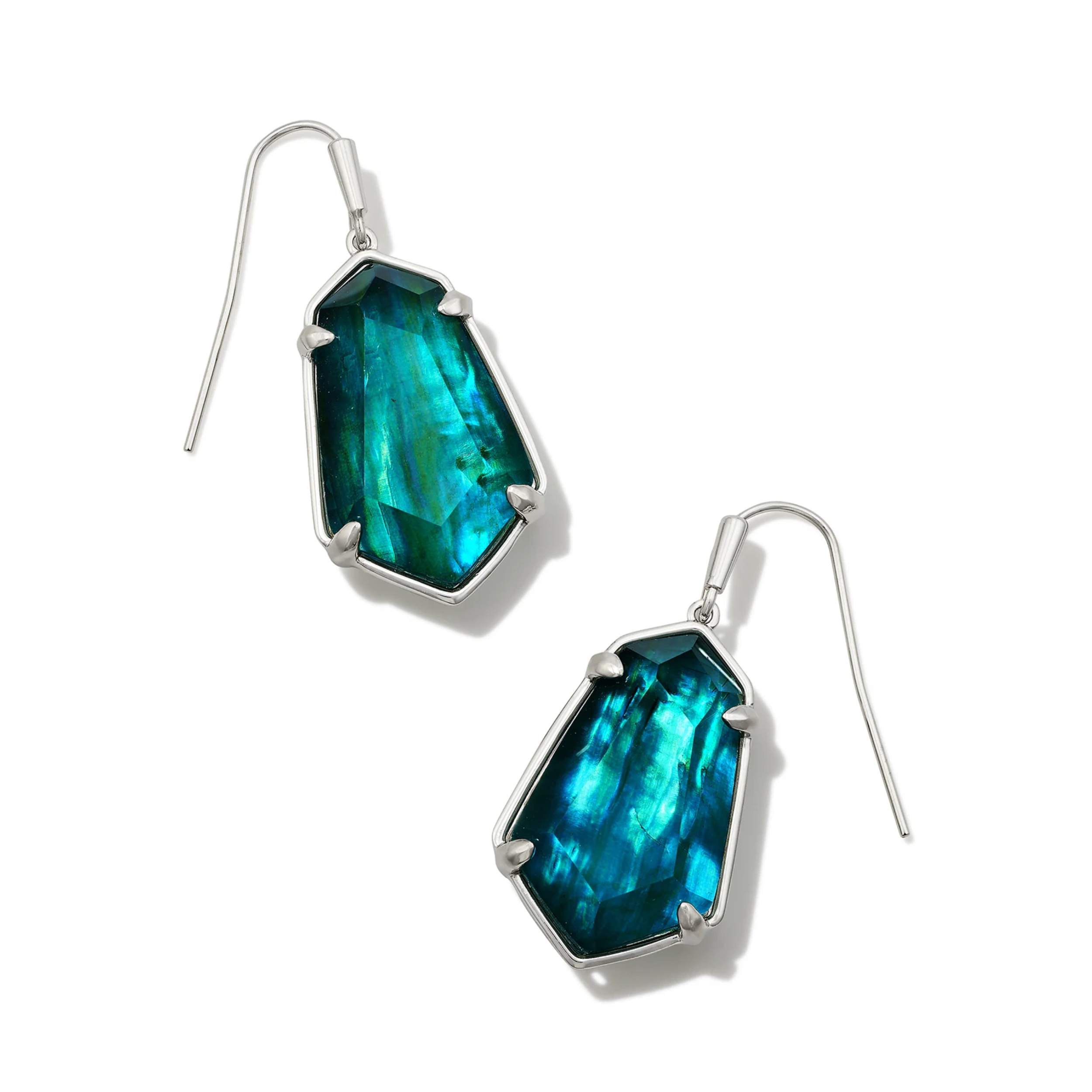 These Alexandria Silver Drop Earrings in Teal Green Illusion by Kendra Scott is pictured on a white background.