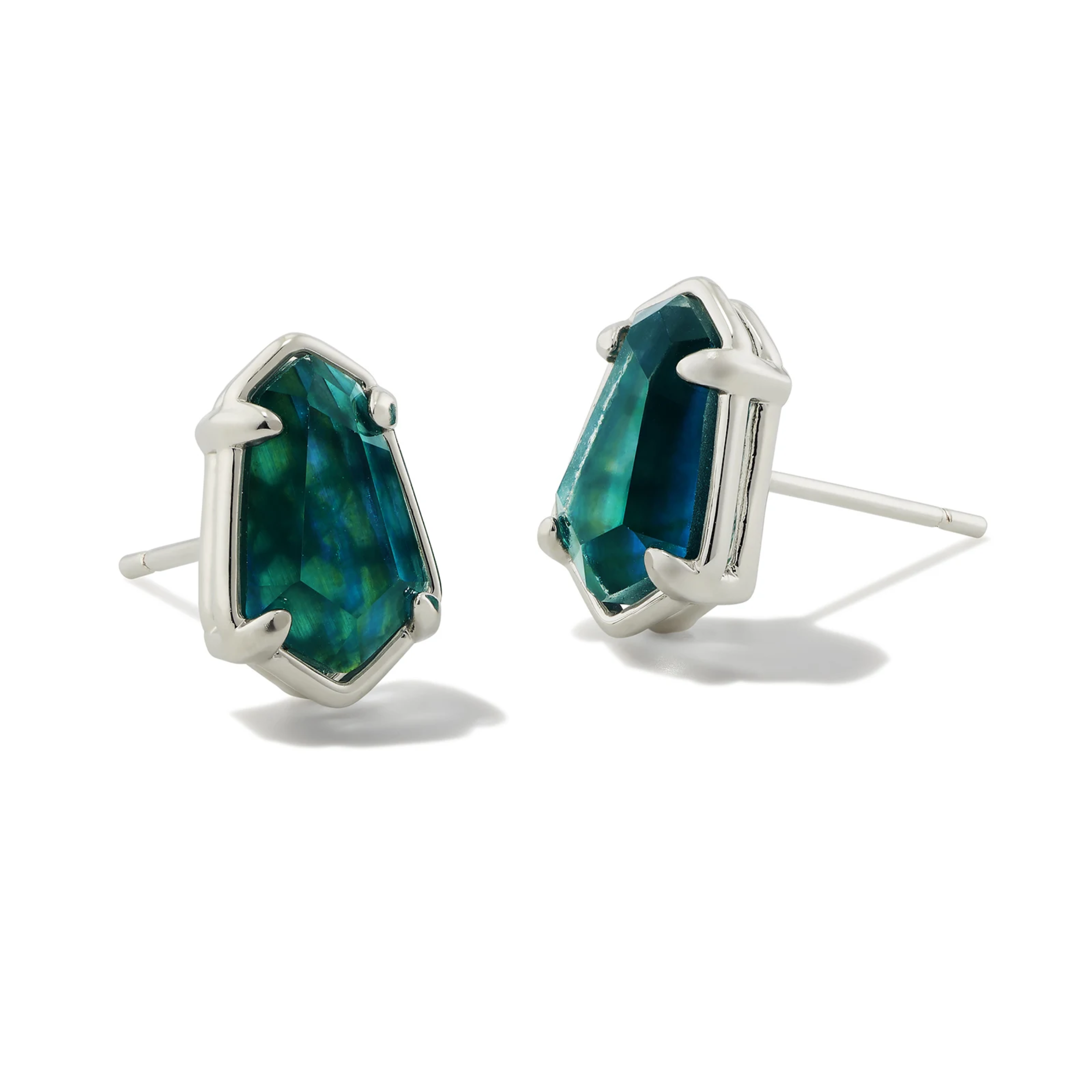 These Alexandria Silver Stud Earrings in Teal Green Illusion by Kendra Scott are pictured on a white background.