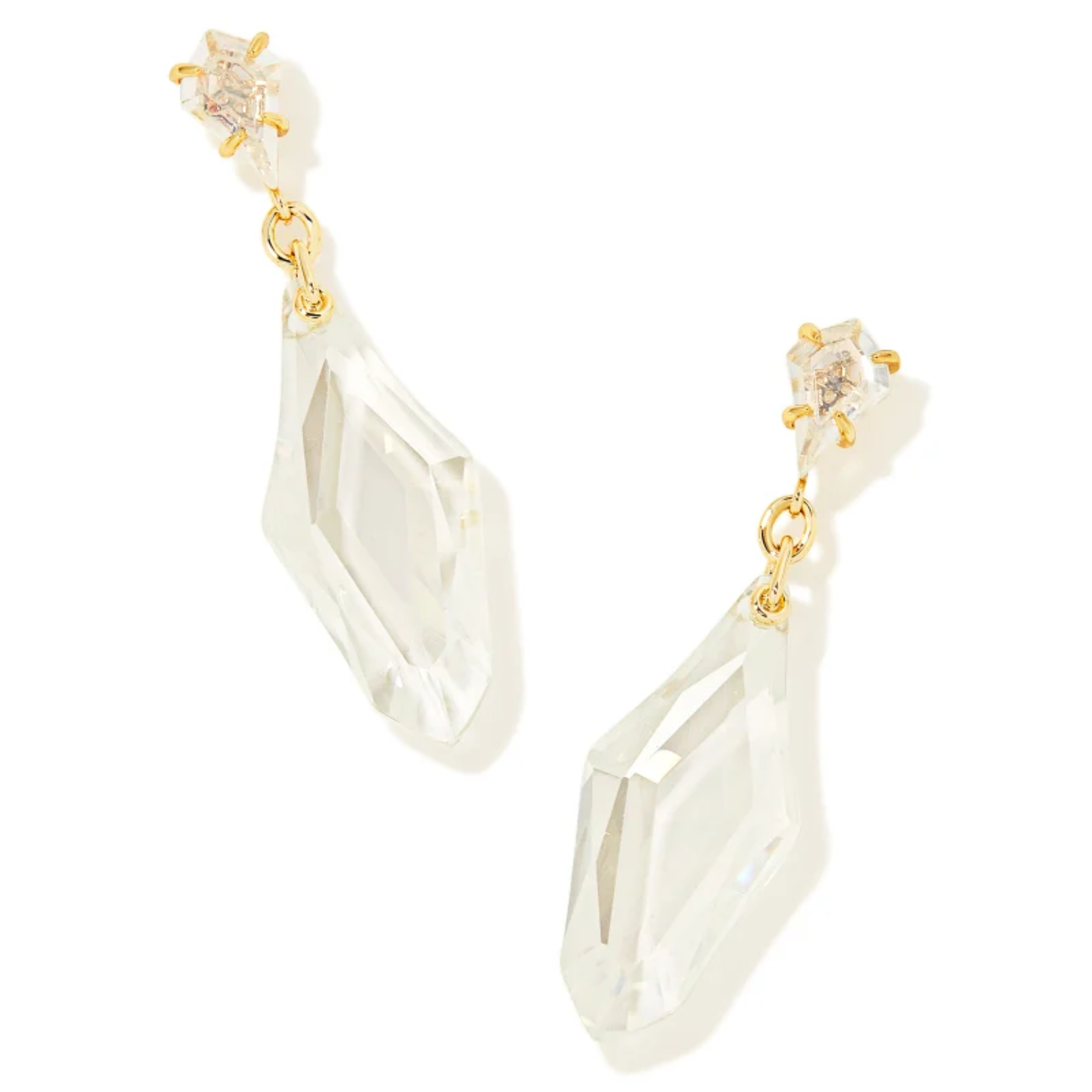 These Alexandria Statement Earrings in Gold Lustre Clear Glass are pictured on a white background.