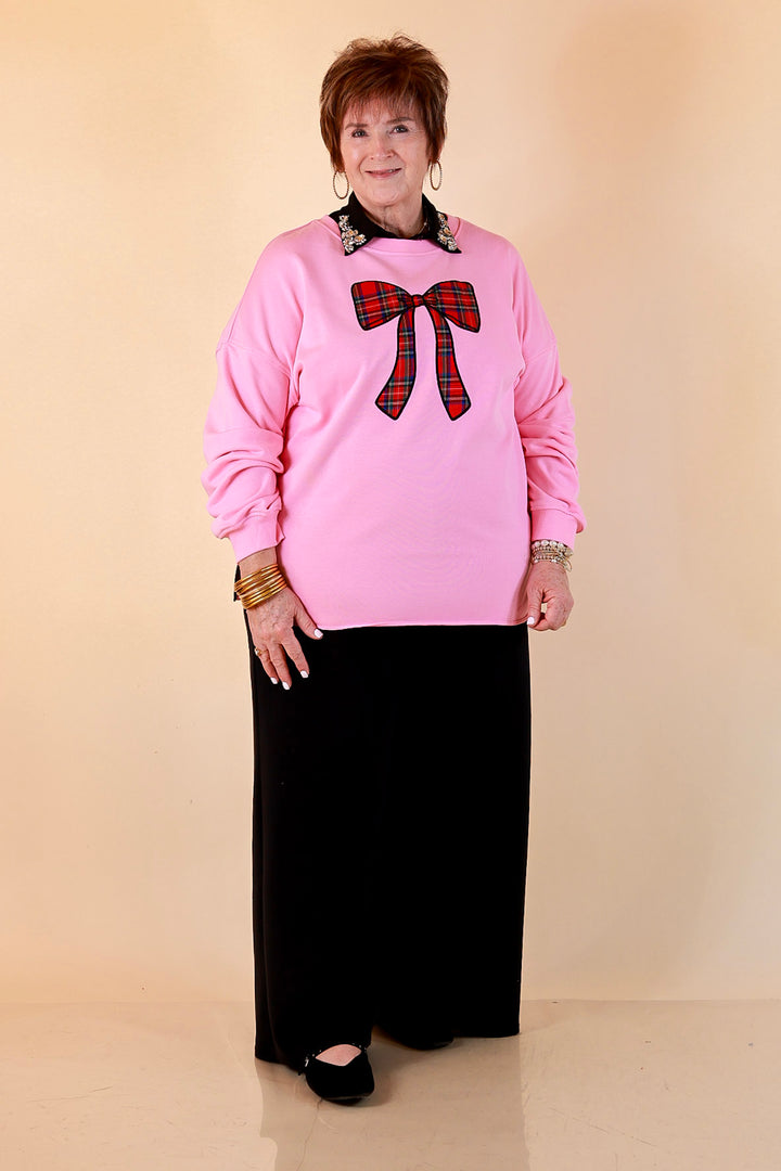 All Wrapped Up Plaid Bow Sweatshirt in Pink