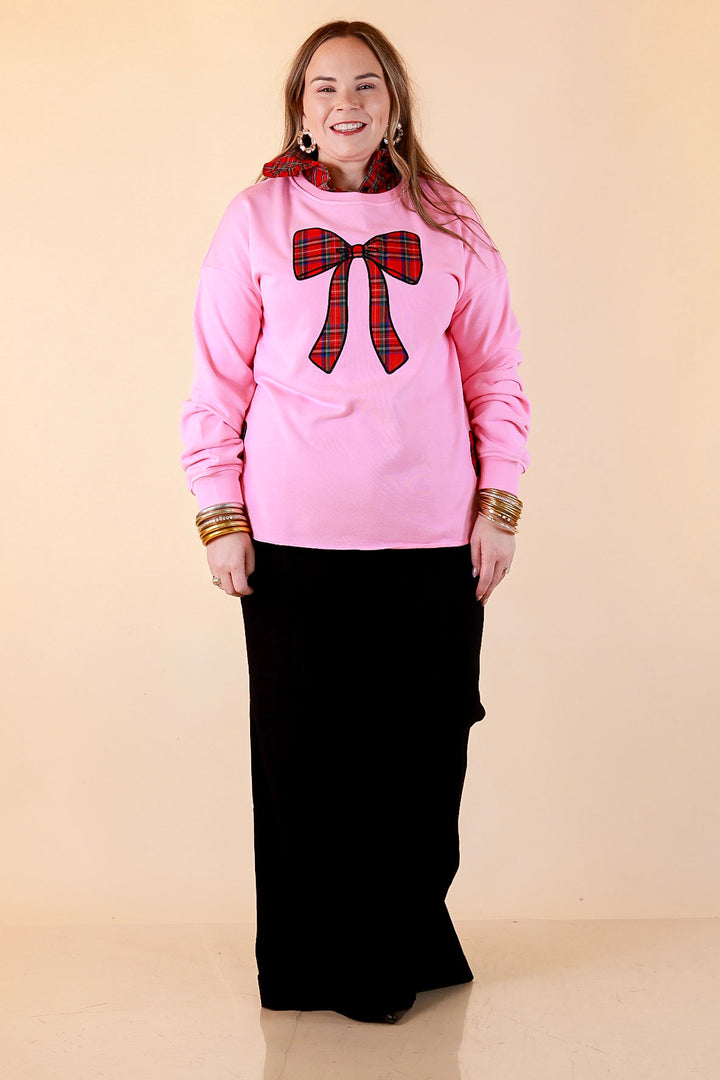 All Wrapped Up Plaid Bow Sweatshirt in Pink
