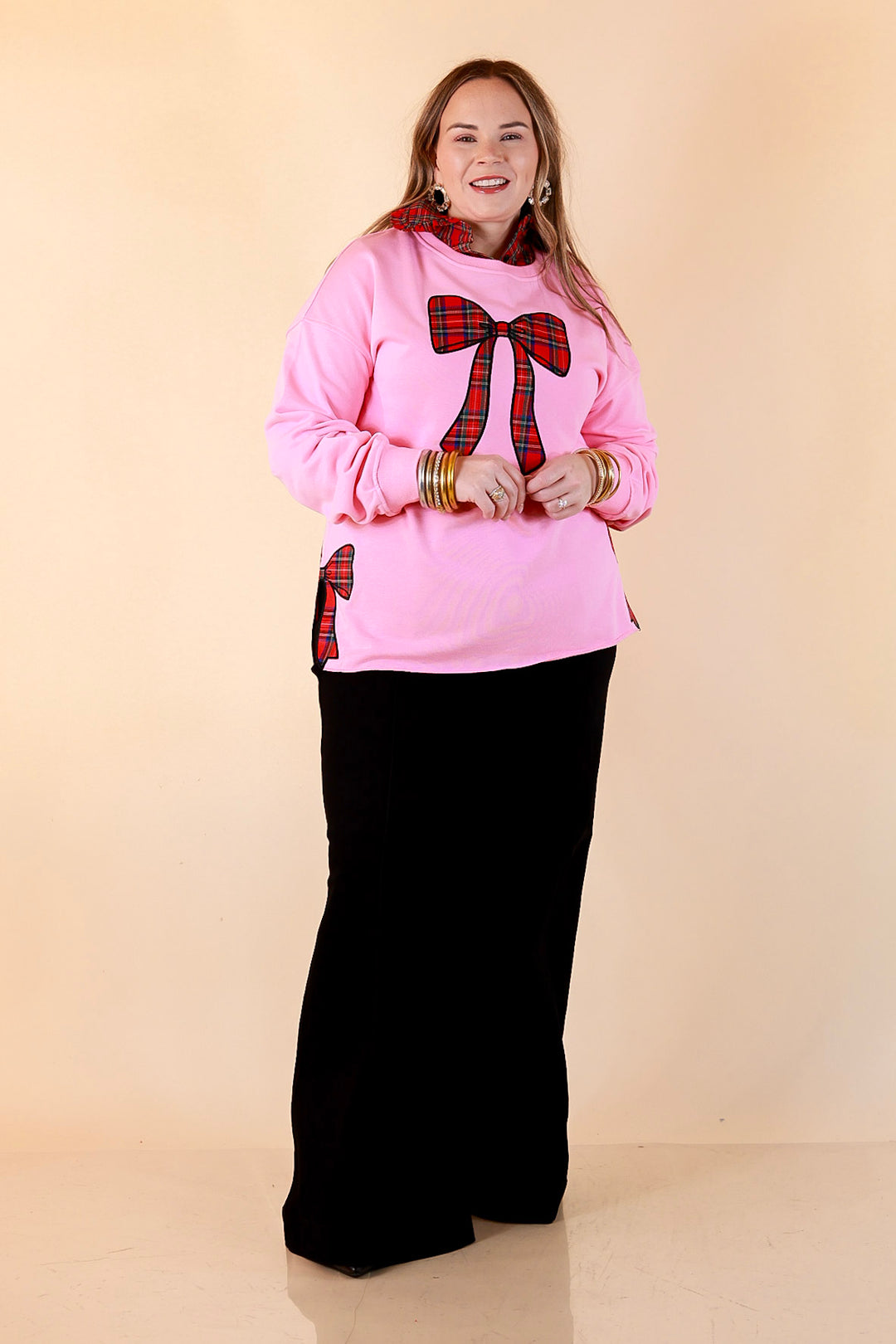 All Wrapped Up Plaid Bow Sweatshirt in Pink