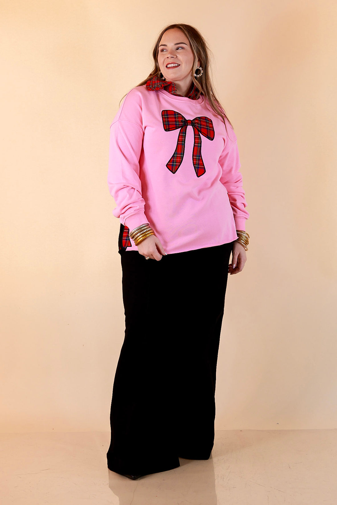 All Wrapped Up Plaid Bow Sweatshirt in Pink