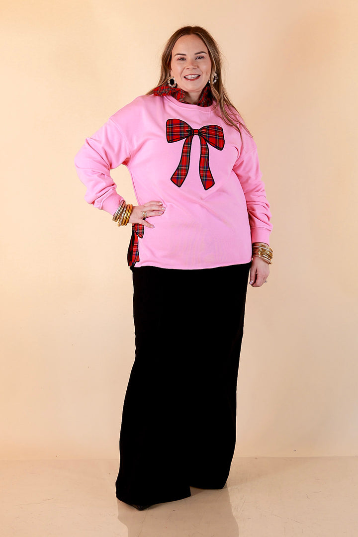 All Wrapped Up Plaid Bow Sweatshirt in Pink