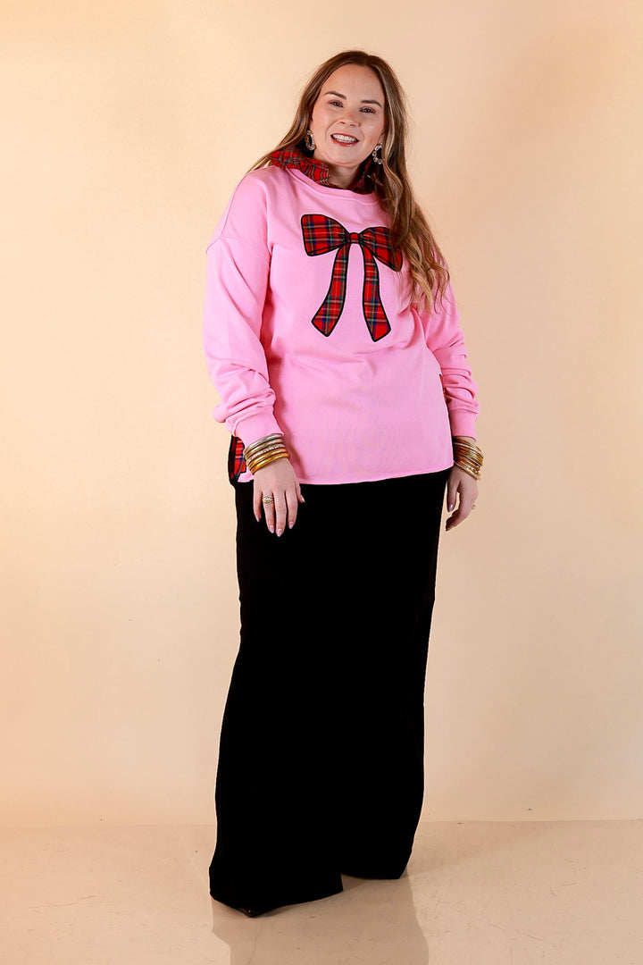 All Wrapped Up Plaid Bow Sweatshirt in Pink