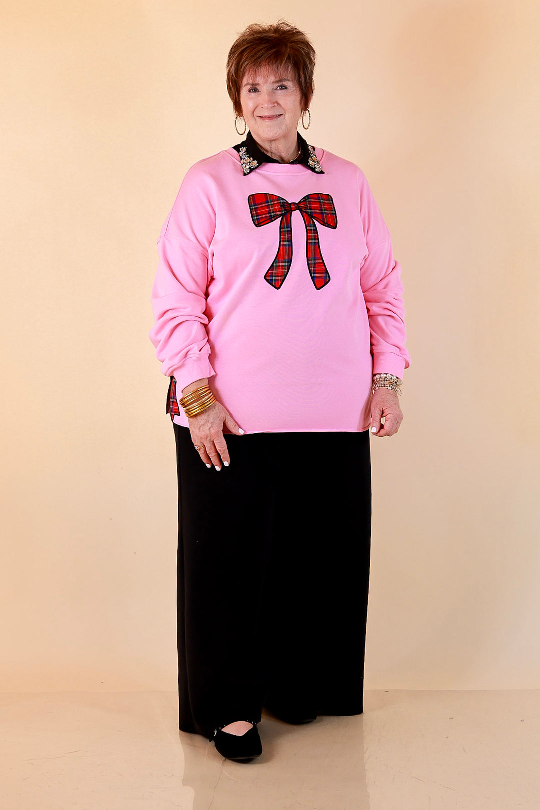 All Wrapped Up Plaid Bow Sweatshirt in Pink