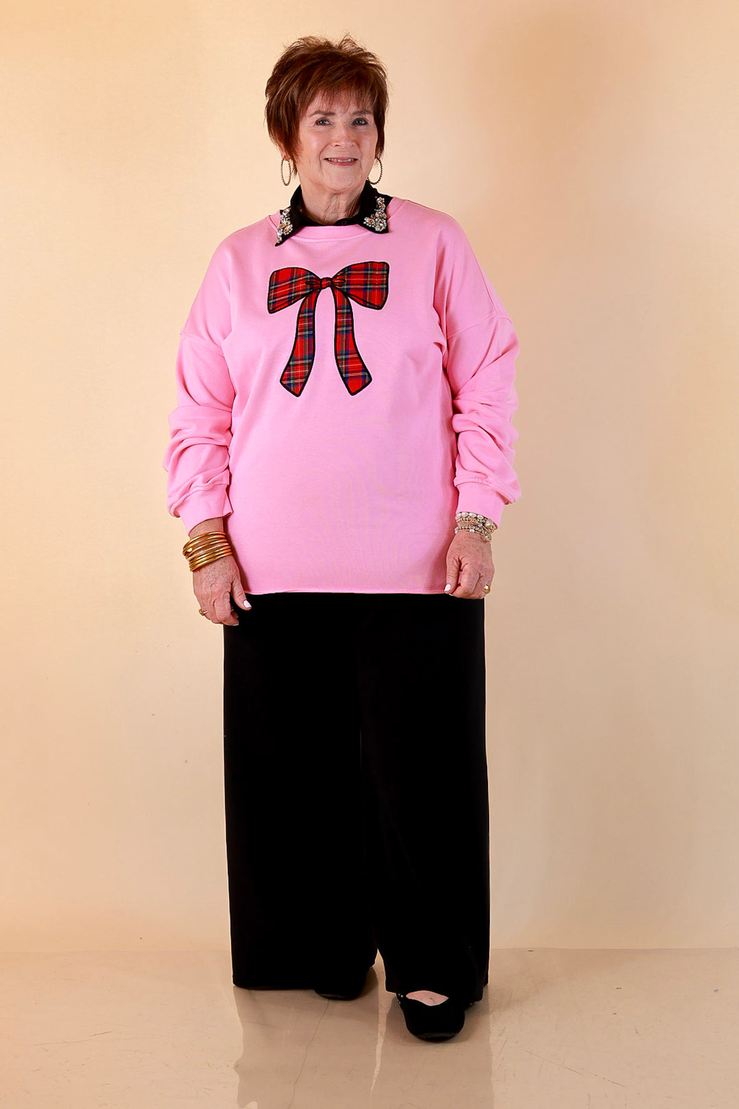 All Wrapped Up Plaid Bow Sweatshirt in Pink