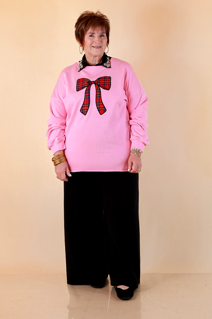 All Wrapped Up Plaid Bow Sweatshirt in Pink
