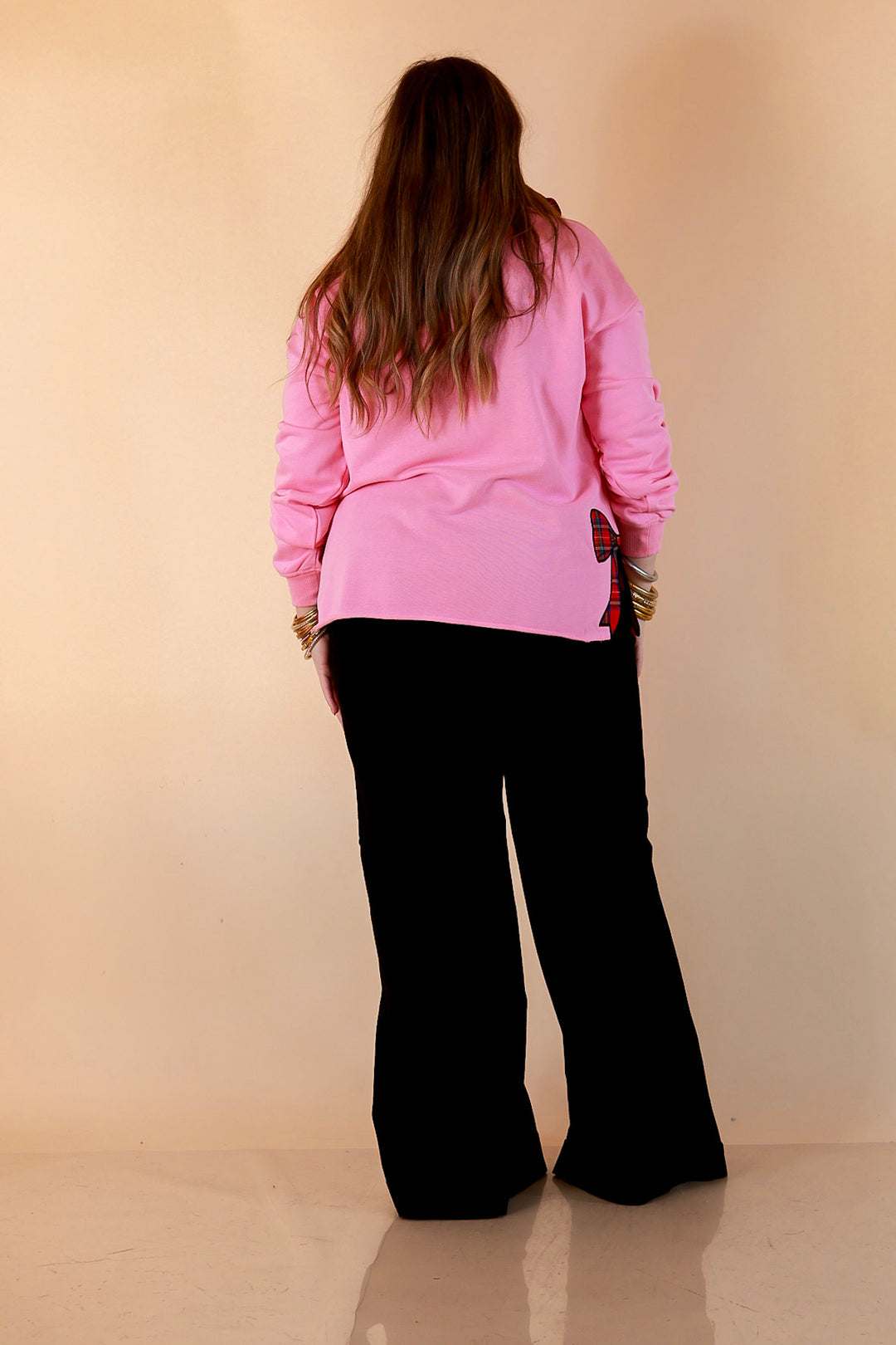 All Wrapped Up Plaid Bow Sweatshirt in Pink