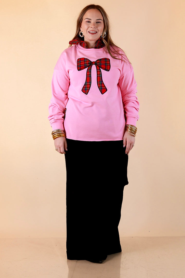 All Wrapped Up Plaid Bow Sweatshirt in Pink