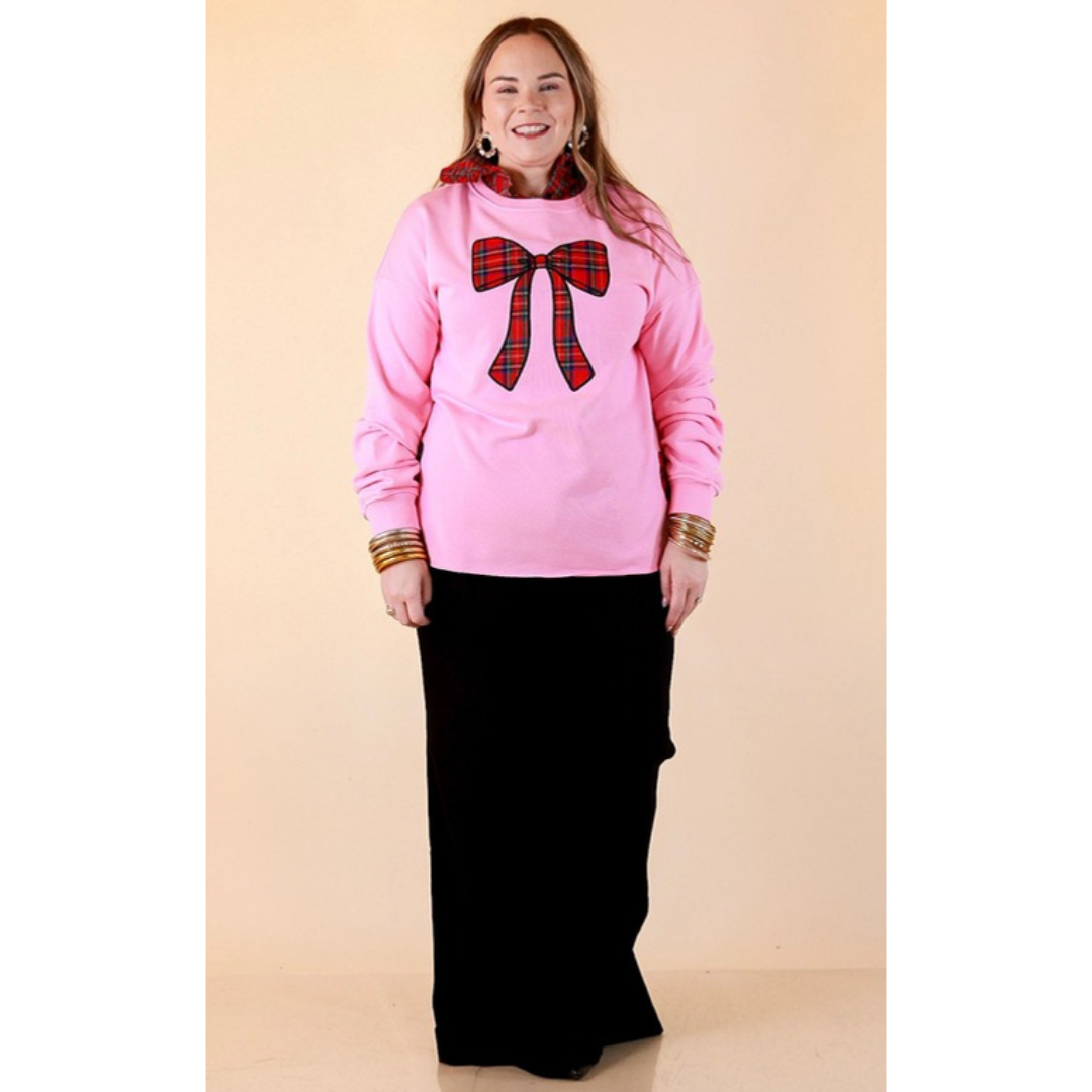 All Wrapped Up plaid bow appliqué sweatshirt in pink