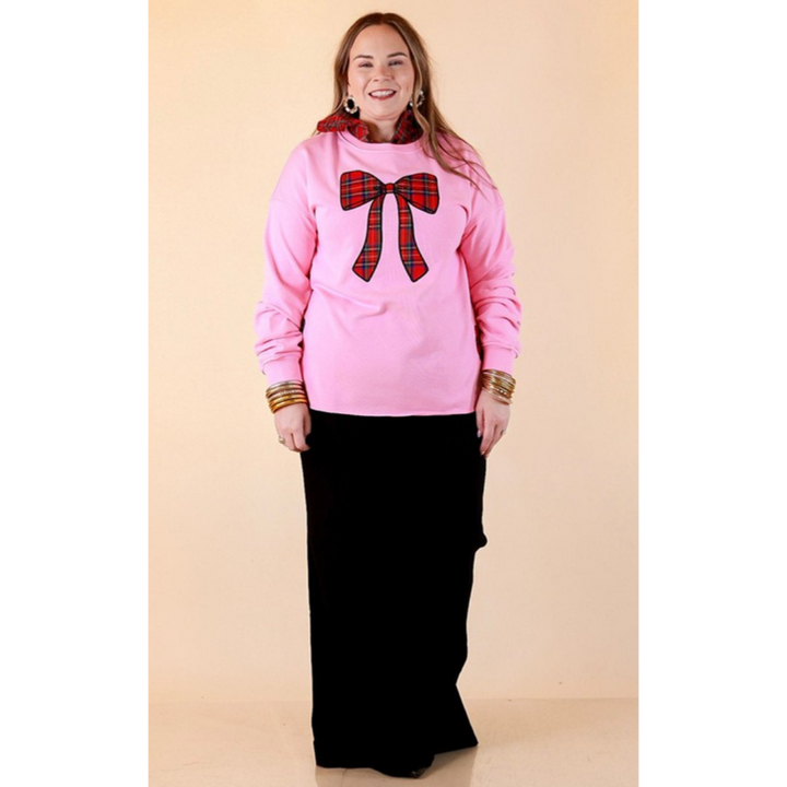 All Wrapped Up plaid bow appliqué sweatshirt in pink