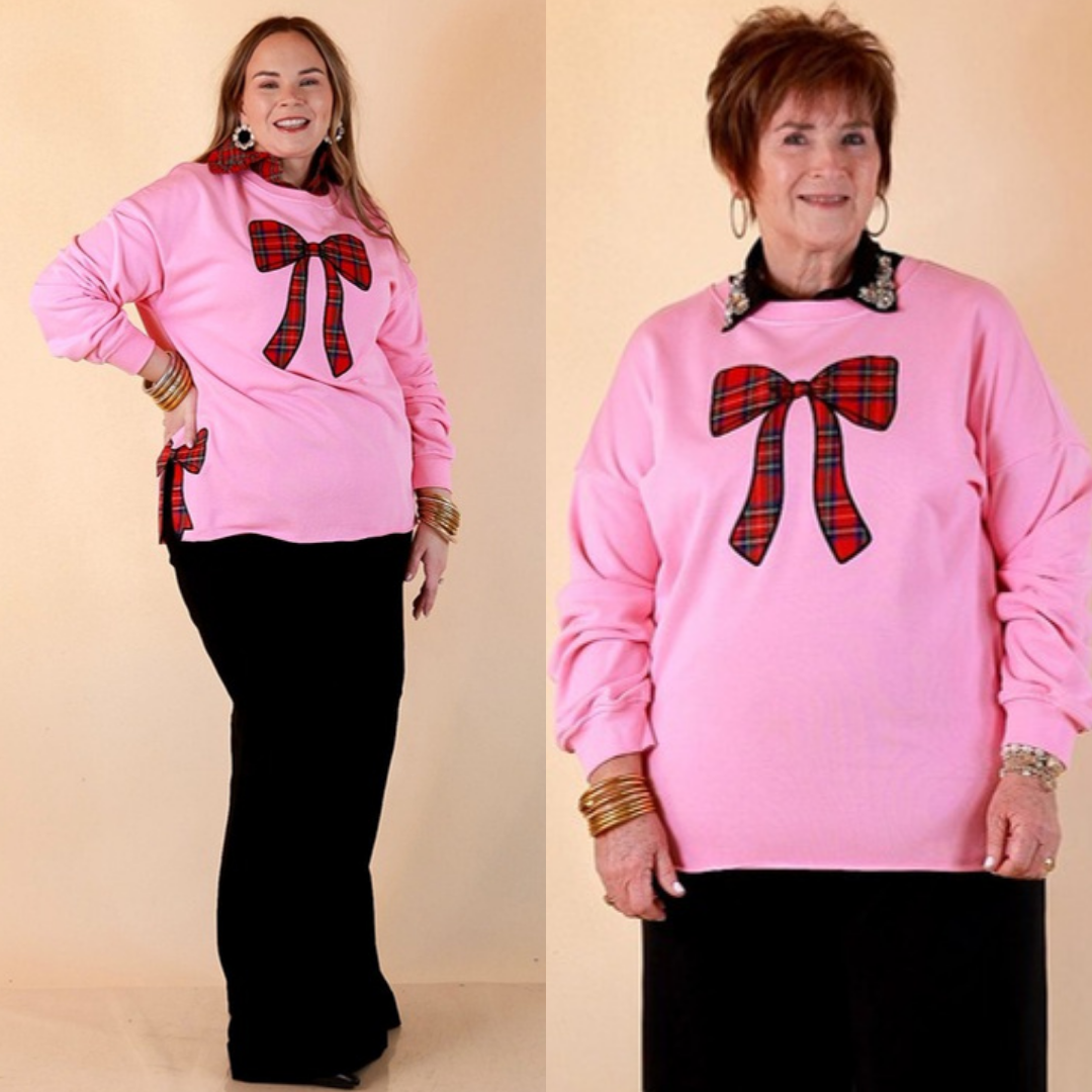 All Wrapped Up plaid bow appliqué sweatshirt in pink