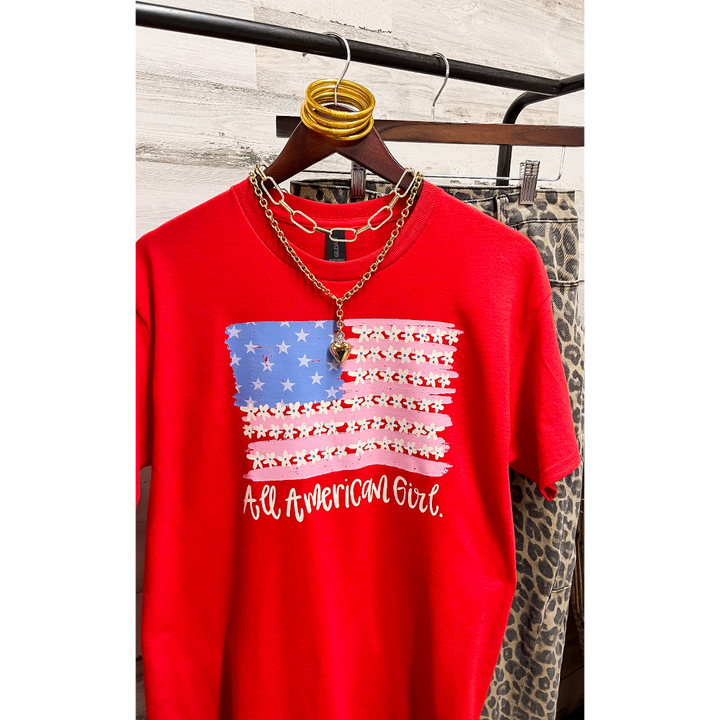 All American Darling USA Floral Flag Coquette Short Sleeve Graphic Tee with Bow Detailing in Red