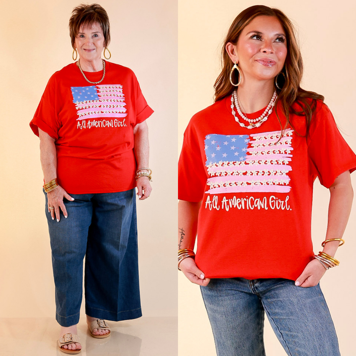 All American Darling USA Floral Flag Coquette Short Sleeve Graphic Tee with Bow Detailing in Red